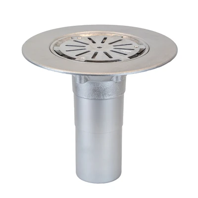 Frost Aluminium Cold Roof drain assembly - aluminium grating, fixed 240mm circular, medium sump body with clamp, vertical 200mm spigot outlet 100mm dia