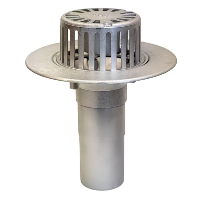 Frost Aluminium Cold Roof drain assembly - fixed anti-vortex dome 220mm circular, medium sump body with clamp, vertical 200mm spigot outlet 100mm dia