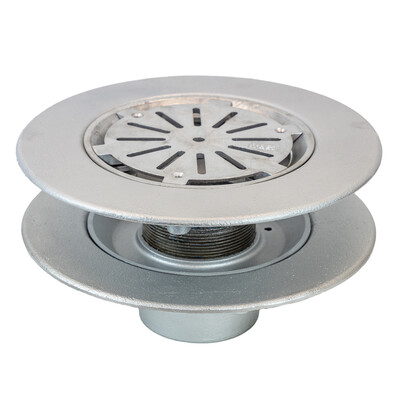 Frost Aluminium Warm Roof drain assembly - aluminium grating, fixed 240mm circular, medium sump body with clamp, vertical threaded outlet 4" BSP