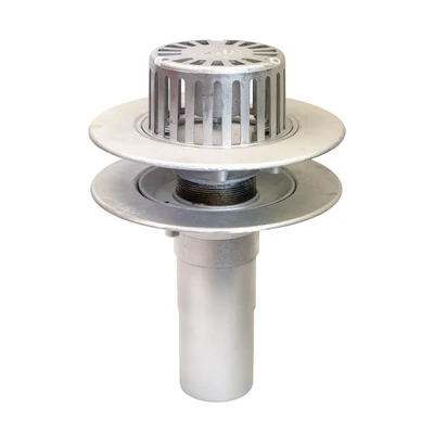 Frost Aluminium Warm Roof drain assembly - fixed anti-vortex dome 220mm circular, medium sump body with clamp, vertical 200mm spigot outlet 100mm dia