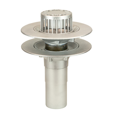 Frost Aluminium Warm Roof drain assembly - fixed dome 220mm circular, medium sump body with clamp, vertical 400mm spigot outlet 110mm dia