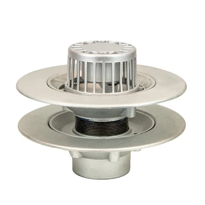 Frost Aluminium Warm Roof drain assembly - fixed anti-vortex dome 220mm circular, medium sump body with clamp, vertical threaded outlet 4" BSP