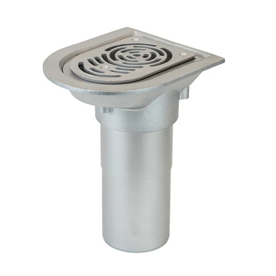 Frost Aluminium Balcony outlet, aluminium grating and clamping ring, small sump body, vertical 200mm spigot outlet 100mm dia