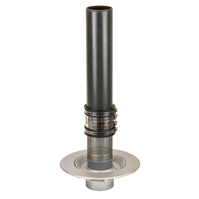 Frost Planter drain, clamp stainless steel gravel guard, 2 fast fit couplings and pvc stand pipe, medium aluminium sump body, vertical threaded outlet 4" BSP