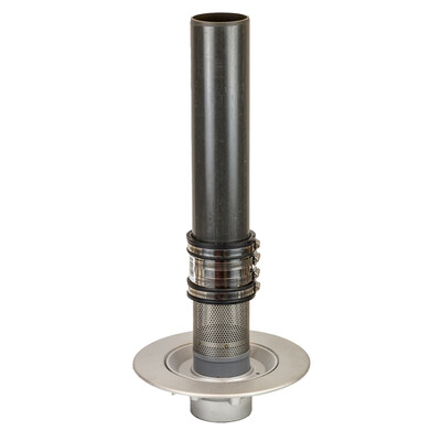 Frost Planter drain, clamp stainless steel gravel guard, 2 fast fit couplings and pvc stand pipe, medium aluminium sump body, vertical threaded outlet 4" BSP