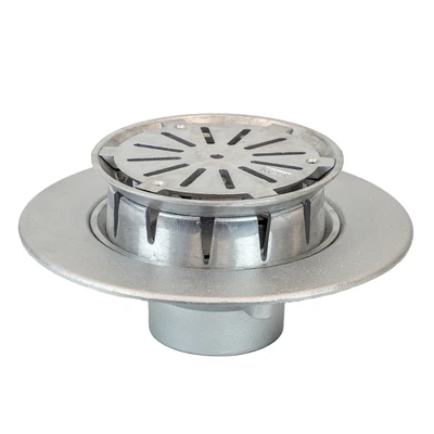 Frost Aluminium Inverted Roof drain assembly - aluminium grating, fixed 240mm circular, medium sump body with clamp, vertical threaded outlet 4" BSP