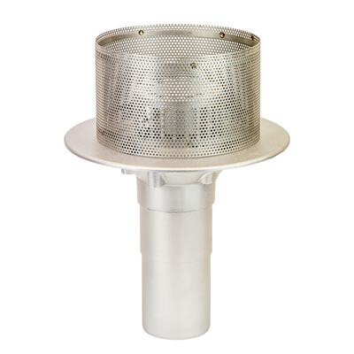 Frost Aluminium Inverted Roof drain assembly - fixed dome 220mm and 150mm gravel guard, medium sump body with clamp, vertical 400mm spigot outlet 75mm dia