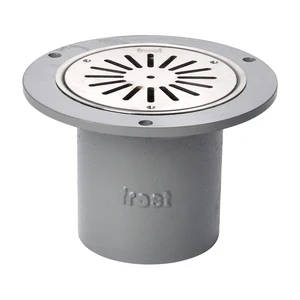 Frost Shower drain assembly trapped with clamp for vinyl floors, fixed grating 130mm round small sump body cast iron vertical 100mm spigot outlet