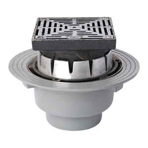 Frost Inverted Roof drain assembly - cast iron grating adjustable 200mm square, large sump body with clamp, vertical threaded outlet 4" BSP