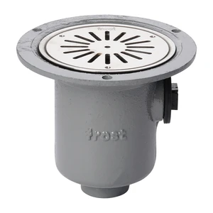 Frost Shower drain assembly trapped with clamp for vinyl floors, fixed grating 130mm round small sump body cast iron vertical 50mm spigot outlet