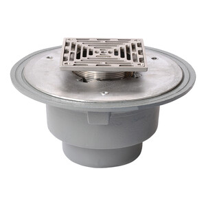 Frost Floor drain 150mm square nickel bronze grating with large sump body and spigot outlet size 100mm