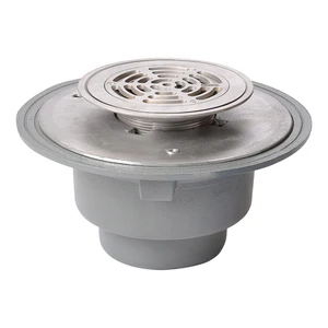 Frost Floor drain 178mm circular nickel bronze grating for vinyl floors with large sump body and spigot outlet size 100mm