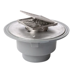 Frost Floor drain 150mm square stainless steel grating with hinged cover plate with large sump body and threaded outlet size 4" BSP