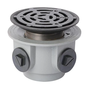 Frost Floor drain 200mm circular ductile iron grating and medium sump body with side inlets and threaded outlet size 4" BSP