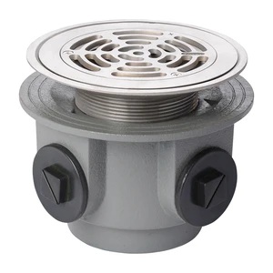 Frost Floor drain 178mm circular stainless steel grating for vinyl floors and medium sump body with side inlets and threaded outlet size 4" BSP