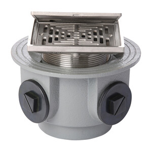 Frost Floor drain 150mm square nickel bronze with hinged cover plate and medium sump body with side inlets and threaded outlet size 4" BSP