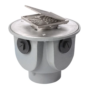 Frost Floor drain 150mm square stainless steel grating with hinged cover plate with large deep sump body and threaded outlet size 4" BSP