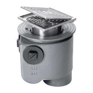 Frost Floor drain 150mm square nickel bronze grating with hinged cover plate with medium sump -'S' trap - spigot outlet size 100mm