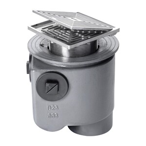 Frost Floor drain 150mm square stainless steel grating with hinged cover plate with medium sump -'S' trap - spigot outlet size 100mm