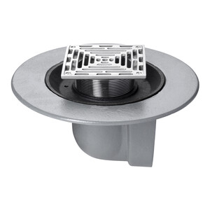 Frost Floor drain 150mm square stainless steel grating with medium sump body and horizontal threaded outlet size 4" BSP