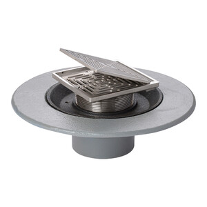 Frost Floor drain 150mm square nickel bronze grating with hinged cover plate with medium sump body and horizontal threaded outlet size 4" BSP