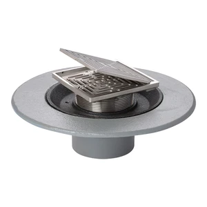 Frost Floor drain 150mm square stainless steel grating with hinged cover plate with medium sump body and horizontal threaded outlet size 4" BSP