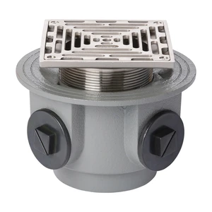 Frost Floor drain 200mm square nickel bronze grating and medium sump body with side inlets and threaded outlet size 4" BSP