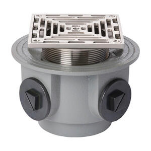 Frost Floor drain 200mm square stainless steel grating and medium sump body with side inlets and threaded outlet size 4" BSP