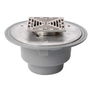 Frost Floor drain 200mm square stainless steel grating with large sump body and threaded outlet size 4" BSP