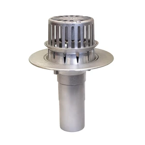 Frost Aluminium Inverted Roof drain assembly - fixed anti-vortex dome 220mm, medium sump body with clamp, vertical 200mm spigot outlet 100mm dia