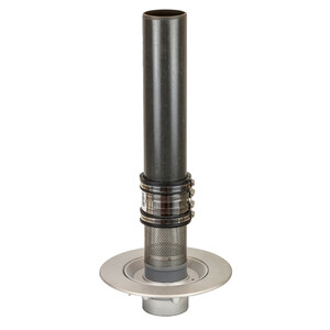 Frost Planter drain, clamp stainless steel gravel guard, 2 fast fit couplings and pvc stand pipe, medium aluminium sump body, vertical threaded outlet 4" BSP