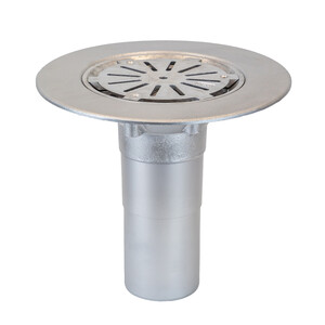 Frost Aluminium Cold Roof drain assembly - aluminium grating, fixed 240mm circular, medium sump body with clamp, vertical 400mm spigot outlet 75mm dia