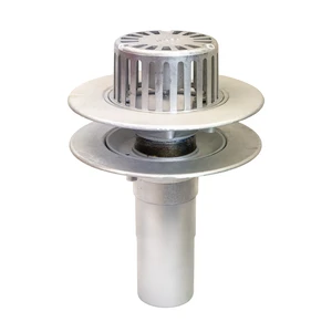 Frost Aluminium Warm Roof drain assembly - fixed anti-vortex dome 220mm circular, medium sump body with clamp, vertical 200mm spigot outlet 75mm dia